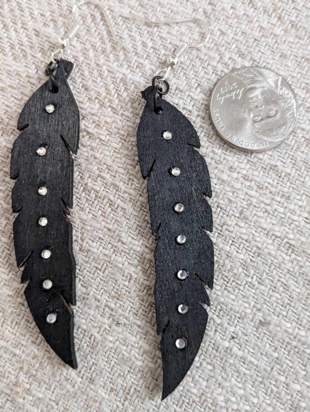 Elegant Black Wooden Feather Dangle Earrings with Rhinestone Accents